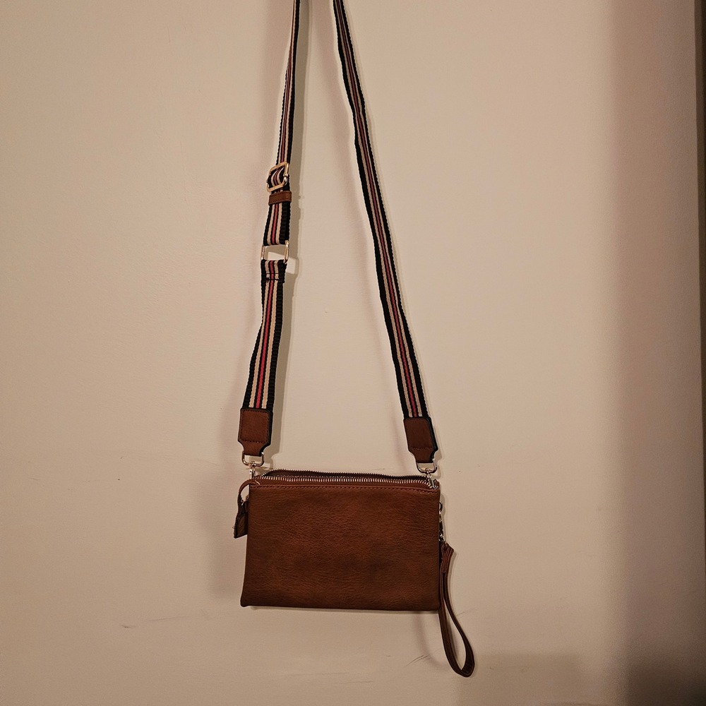 Brown Vegan Leather Triple Zip Crossbody Bag with Striped Guitar Strap Clutch - Picture 11 of 11